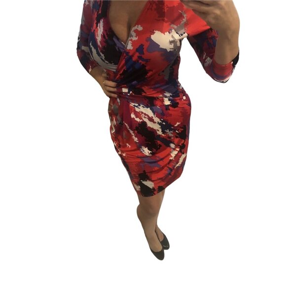 BCBGMAXAZRIA Red Blue Combo Printed Dress Women's Size Small 3/4 Sleeve V Neck E - Picture 7 of 7